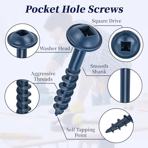Pocket Hole Screws 1-1/4 Inch, Goobetter Pocket Screws #8 x 1-1/4" 600 Pcs for Exterior, Washer Head with Square Drive, Coarse Thread, Blue Coated, Self Tapping, 100MM Drive Bit Included - size: #8 x 1-1/4"