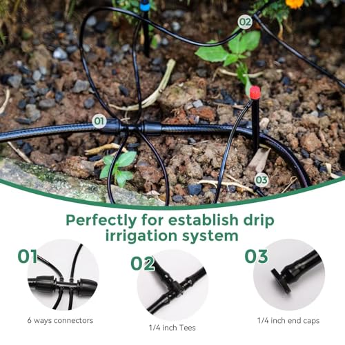 Maotong 100FT 1/4 inch Drip Irrigation Tubing Distribution Hose Tube for Garden Irrigation System (Includes 1 pack 6-Way Connector and 20pcs 1/4" Tee Splitters and End Plugs) - size: ‎100FT 1/4" Tubing