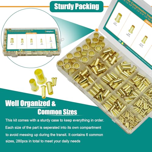 280PCS Brass Compression Insert, Tube OD 1/8" 3/16" 1/4" 5/16'' 3/8" 1/2" | Insert Tube Compression Sleeve Fitting Assortment Kit - color: 280PCS Inserts
