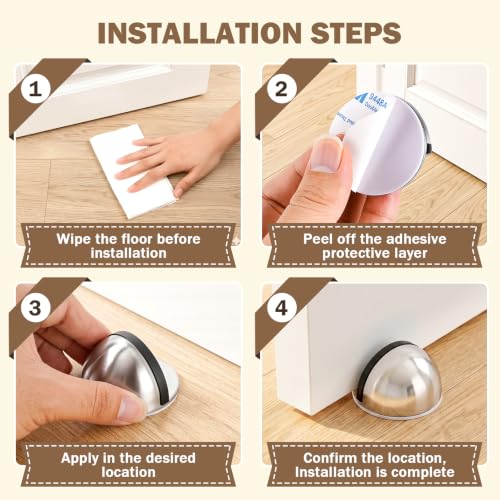 24 Pack Self Adhesive Door Stoppers (Silver), Stainless Steel Door Stops for Bottom of Door - Semi Circle Floor Mounted Door Stoppers for Bedroom, Living Room, Bathroom, Office