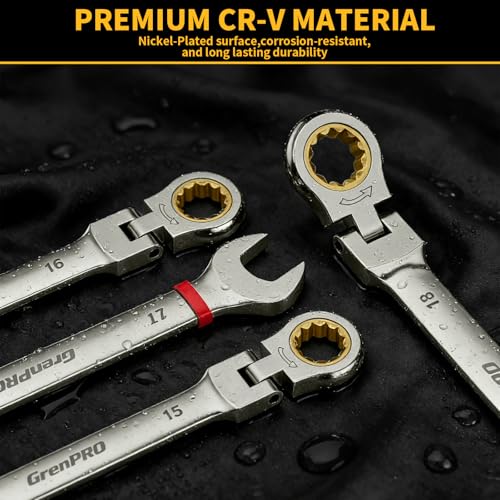 GRENPRO 23PC Flex Head Ratcheting Wrench Set Metric&SAE OpenEnd Combination - style: 23PCS Nickel Flex-Head Ratcheting Wrench Set