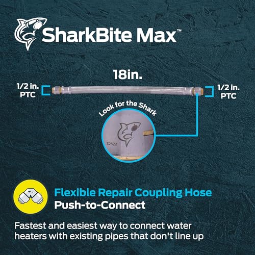 SharkBite Max 1/2 Inch x 1/2 Inch x 18 In. Braided Flexible Repair Coupling Hose, Push-to-Connect Brass Plumbing Fitting, UR3008FX18 - size: 1/2 in. x 1/2 in. x 18 in., style: SharkBite Max