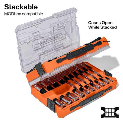 Klein Tools 65233HEX Hex Bit Socket Set, 1/4, 3/8, 1/2-Inch Drives, Knurled, SAE (5/64 to 3/4 inch) and Metric (2 to 19mm) with MODbox Case, 32-Piece - style: SAE & Metric