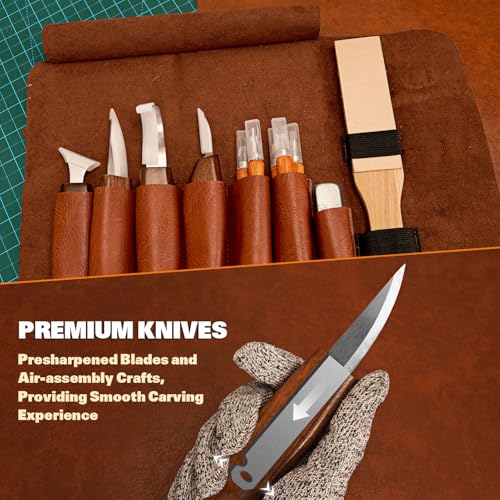 Wood Carving Kit, 32Pcs Wood Carving Tools with Storage Bag, Wood Whittling Knife Kit with 4pcs Templates & 11pcs Wood Carving Knives for Wood DIY Beginners