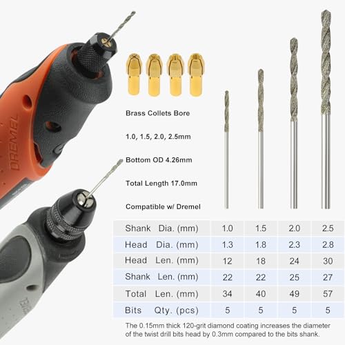 Sworker Diamond Drill Bits 1mm 1.5mm 2mm 2.5mm 5 Each 120-Grit 20Pcs with 4 Collets Compatible with Dremel Rotary Tool for Sea Glass Stone Shells Jewelry Making Porcelain Ceramic Gems - style: 20Bits+4Collets