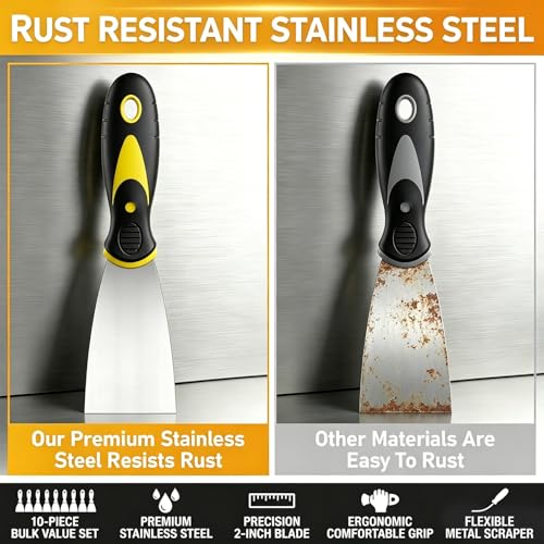 10Pcs Putty Knife Set, 2 Inch Stainless Steel Spackle Knives, Flexible Metal Scraper Paint Knife with Comfortable Grip Scraper Tool Kit for Repairing Drywall, Removing Wallpaper, Mud, Plaster Scraping