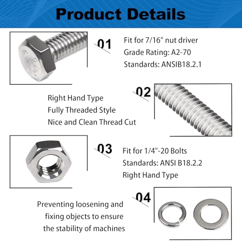 1/4x2 Hex Bolts Set, 15Pcs 1/4"-20 Nuts and Bolts Assortment Kit - size: 1/4-20*2 Set