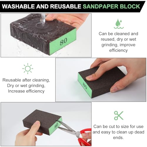 Romeda 8-Pack Sandpaper Block, 80 Grits Washable and Reusable Handmade Sanding Sponge, Drywall Sandpaper Blocks for Wooden Drywall Sheetrock and Metal Glazing - color: 80 Grits, size: 8-Pack