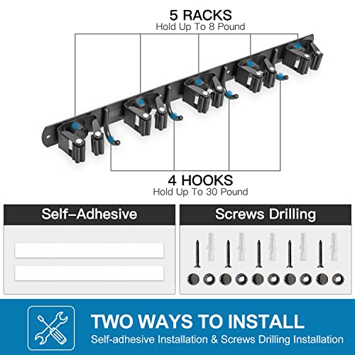 IMILLET 2 Pack Broom Holder Wall Mount, Heavy Duty Garage Organization - color: 5 Racks with 4 Hooks, size: 2 Pack