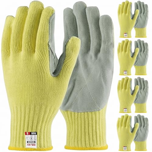 5 Pairs Work Gloves Women & Men Small, 7-Gauge Aramid Knit with Cowhide Leather Palm, Heavy Duty Cut Resistant Safety Gloves for Glass Handling, Metal Fabrication, Construction & Workshop - size: 5pcs-Small, style: Aramid Leather