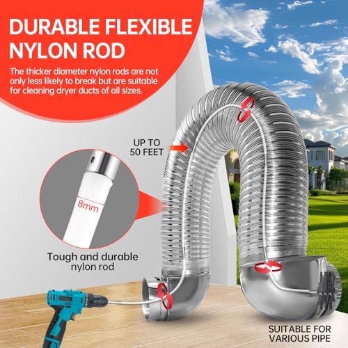 BLuesea Dryer Vent Cleaner Kit, 15-Piece Ultimate Dryer Cleaning Kit Include 50 Feet Dryer Vent Brush, Upgrade Noiseless Dryer Lint Vacuum Attachment, Lint Trap Brush, Vacuum & Dryer Adapters - color: Deluxe, size: 50 FT