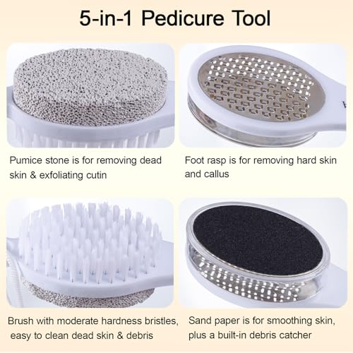 Foot Scrubber Brush with Pumice Stone for Feet 5-in-1, 2Pcs Foot File Callus Remover, Stainless Steel Feet Scraper, Cleaning Brush & Sand Paper Debris Catcher, Multi Purpose for Home Foot Care, White - color: White White