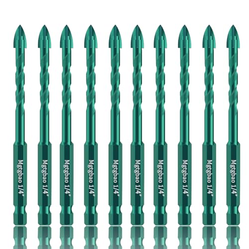 10pc 1/4” Green Masonry Drill Bits, 6MM Concrete Drill Bit Set for Tile,Brick, Plastic and Wood,Tungsten Carbide Tip Best for Wall Mirror and Ceramic Tile. - size: 1/4 in