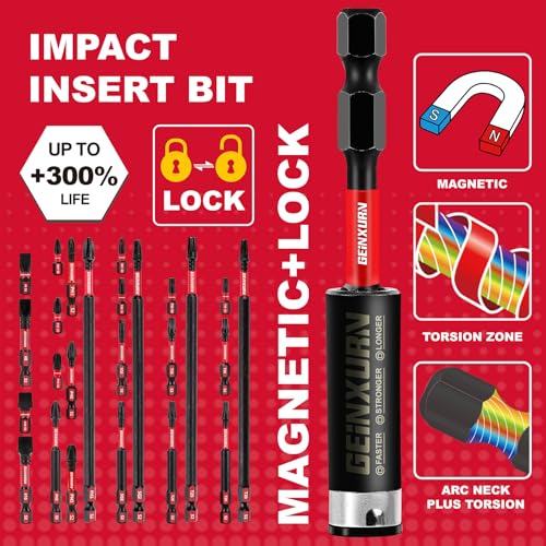 GEINXURN Impact Tough Magnetic Mixed 45Pack Insert Driver Bits, S2 Alloy Steel Screwdriver Power Bits Set with 1Pcs Impact Magnetic Bit Holder - size: MIXED-45PC