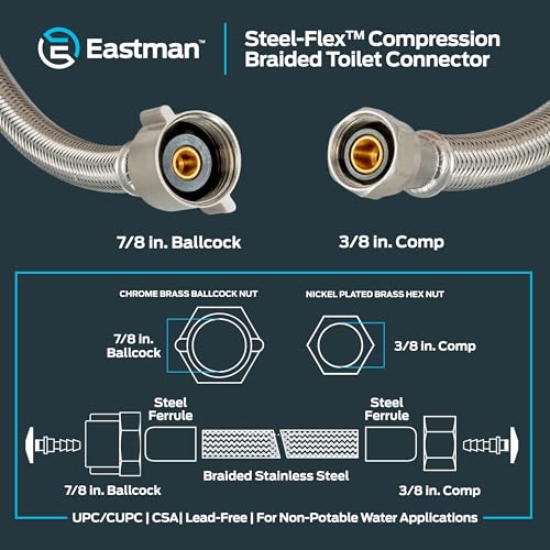 Eastman 16 Inch Steel-Flex Toilet Connector, Braided Stainless Steel Supply Line with 7/8 in Ballcock x 3/8 in Compression Ends, 48089 - size: 16 in. L x 7/8 in. B/C x 3/8 in. Comp