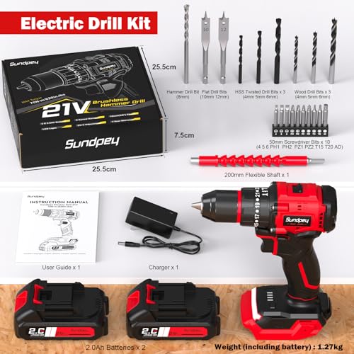 Sundpey 620In-lbs Brushless Cordless Drill Set, Electric Power Drill Set - color: Red
