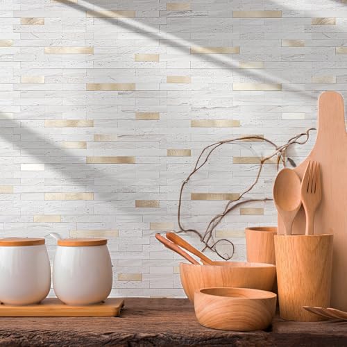 StyloVue 20 Sheets Peel and Stick Backsplash for Kitchen, Pearl White Sandstone with Metal Gold Look Stick on Tile Upgrade Your Kitchen Backsplash, RV, Fireplace - color: Pearl White Sandstone With Metal Gold