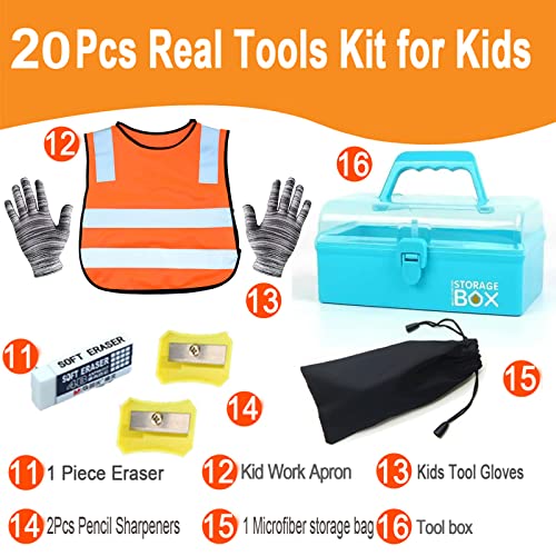 Kids Real 20Pcs Construction Tool Set with Blue Toolbox and Protective Clothing, Beginner Woodworking Tool Set, Educational Gift - size: 20 PCS