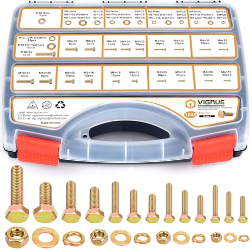 VIGRUE 1045PCS Grade 8.8 Metric Bolts and Nuts Assortment, M4 M5 M6 M8 M10 Bolt Assortment, Heavy Duty Zinc Plated, Length from 12mm - 30mm - size: 1045PCS M4 M5 M6 M8 M10 Bolts