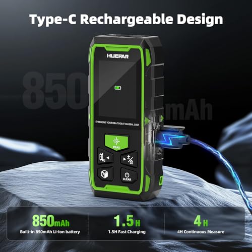 Huepar Dual Laser Measuring Tool, 656Ft Green-Beam Bilateral Digital Laser Distance Measure 6 Units Ft/in/M, Rechargeable Laser Measurement Tool -Backlit LCD Display, Length/Area/Volume/Angle Sensor