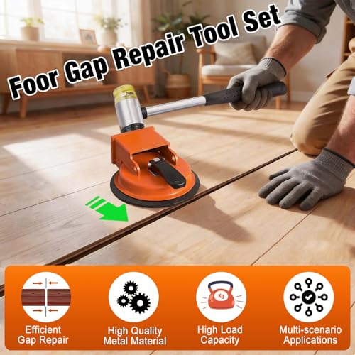Wood Floor Gap Fixer Tool Kit, Heavy Duty Suction Cup Floor Tightener with 5 Reusable Sticky Pads & Rubber Mallet, Floor Seam Puller for Hardwood Laminate/Vinyl Installation & Repair