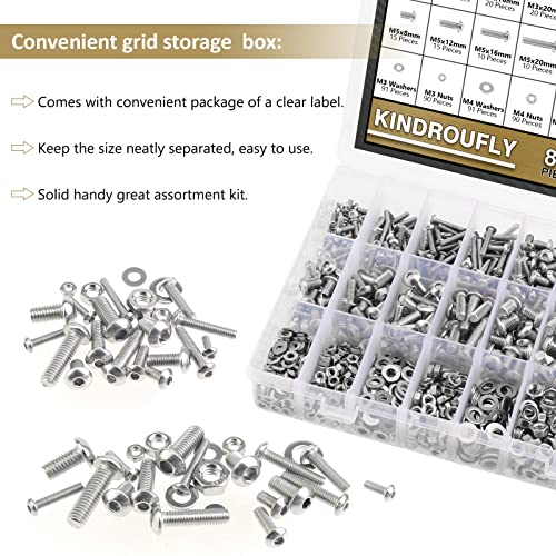 814 Pieces Button Head Socket Cap Screws Nuts Washers Kit, Kindroufly M3 M4 M5 M6 Screw Assortment Kit, Metric Screw Set, Bolts and Nuts, Machine Screws, 304 Stainless Steel, Fully Machine Thread - size: M3/M4/M5/M6, style: Button Head