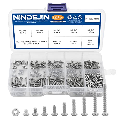 NINDEJIN 322 Pcs M2.5 Small Metric Button Head Socket Cap Screws Bolts Set - size: 322Pcs M2.5 3mm-20mm