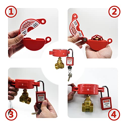 Gate Valve Lockout and Safety Padlock, 2Sets, Hose Bib Lock for Outdoor Faucet Knob/Water Spigot/Propane Tank, 1 to 2-1/2 in Dia Valve Handles, Plastic Red Secure Locks Device for Outside Garden Valve - size: 2 Pack with Padlock