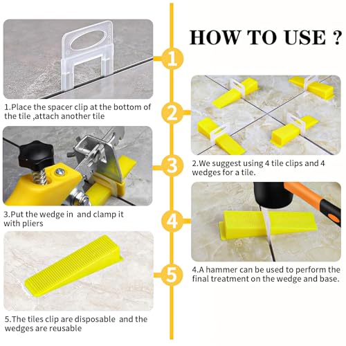 Tile Leveling System with Tile Pliers and Hammer, 600 Piece Tile Spacers 1/8 Inch Tile Clips and 200 Piece Reusable Wedges Tile Leveling Tools for Tiles and Stone Installation