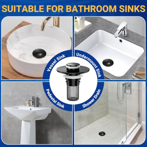 Bathroom Sink Drain Strainer, Pop-Up Bathroom Sink Stopper with Removable Stainless Steel Hair Catcher Basket, Universal Fit for US Bathroom Sinks, Showers & Floor Drains (1pcs-Black) - color: 1pcs-black