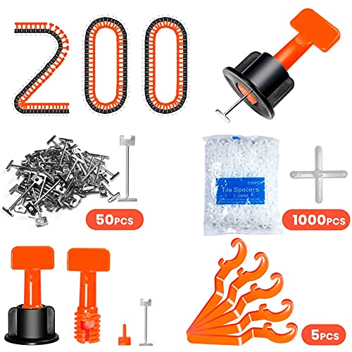 Tile Leveling System Kit,200pcs Reusable Tile Leveler Spacers+1000pcs 1/12" Cross-shaped Tile Spacers+5pcs Wrench+50pcs 1/16" Replaceable Spare Steel T-Pin,Tools for Wall Floor Tile Adjustment(200) - size: 200