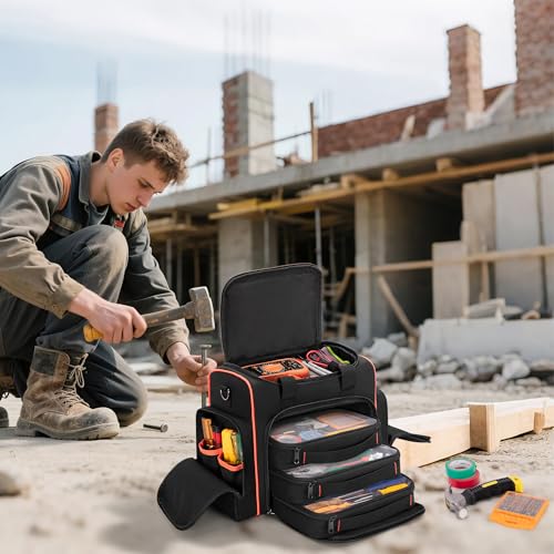 Marscamd Tool Bag with 3 Removable Cases, 2 Layers Tool Tote for Hand Tools - color: Black with Red Binding