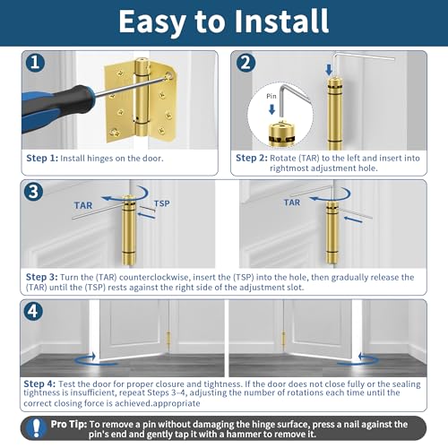 4 Inch Self Closing Door Hinges, Brushed Gold Spring Loaded Hinges 3 Pack - color: Brushed Gold, Square & 5/8" Radius, size: 4" 3 Pack