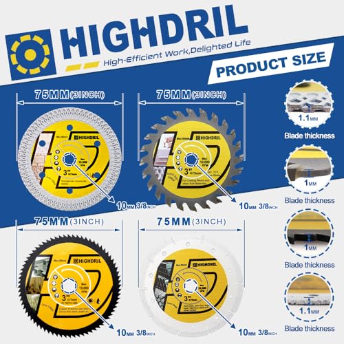 HIGHDRIL 3" 75mm Circular Saw Blade Set 4pcs for Metal Copper Aluminum Tile | Diamond/HSS/TCT Cutting Disc for Angle Grinder Cutting Metal Copper Aluminum Tile Marble Granite Plastic Wood - size: MIX 7