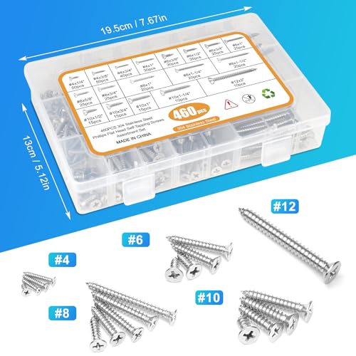 460PCS Stainless Steel Wood Screws Assortment Kit, 18 Sizes #4#6#8#10#12 Flat Head Sheet Metal Screws Self Tapping Screws Set for Wood Deck Drywall Concrete Screws, Length 1/4" to 2" - style: Silver Flat Head 460PCS