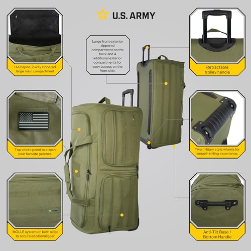 US Army ROMEO 36-inch Extra-Large Tactical Duffel Bag with Wheels | Heavy Duty Material, Molle Webbing, Water Resistant Military Rolling Bag for Travel, Deployment, Camping - Tactical Green - color: Tactical Green, size: 36-inch XL
