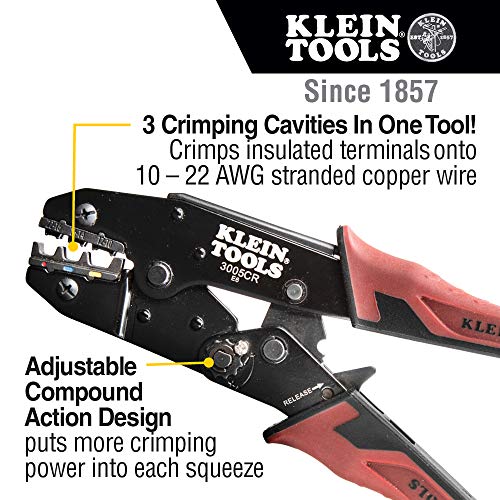 Klein Tools 3005CR Wire Crimper Tool, Ratcheting Insulated Terminal Crimper for 10 to 22 AWG Wire - size: One Size, style: Insulated Terminals
