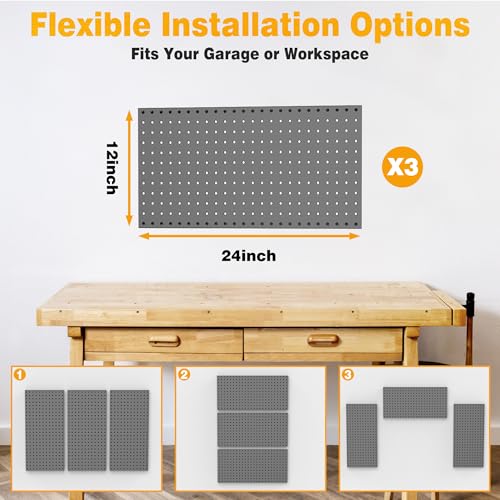 Pegboard Smith Metal Pegboard Panels 12" x 24", 3 Pack Black Wall Mounted Tool Organizer Boards, Heavy Duty Tool Storage Peg Board for Garage, Workbench, Office, Fits 1/4" Peg Hooks - style: 3 Pack Black Panels