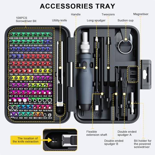 Mini Precision Screwdriver Set with Color-coded Identification, 132 in 1 Micro Magnetic Repair Tool Kits with Storage Box, 108 Bits,Small Manual Screw Driver Toolkits for iPhone/Mac/iPad/Table - color: Black