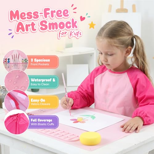Zimuvora Silicone Painting Mat Set, Paint Mats for Kids with Foldable Silicone Cup, 4 Detail Paint Brushes, 2 Sponge Pads, Apron & Mixing Tool, Washable Art Table Mat (Pink) - color: Pink