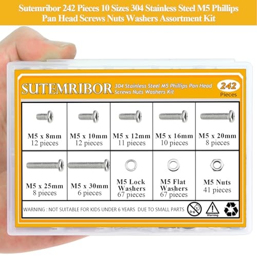 242 Pieces M5 Machine Screws Nuts Washers Set, Sutemribor M5 x 8/10/12/16/20/25/30mm Phillips Pan Head Machine Screws Nuts Washers Assortment Kit, 304 Stainless Steel, Fully Threaded - size: M5 Screws Kit, style: Phillips Pan Head
