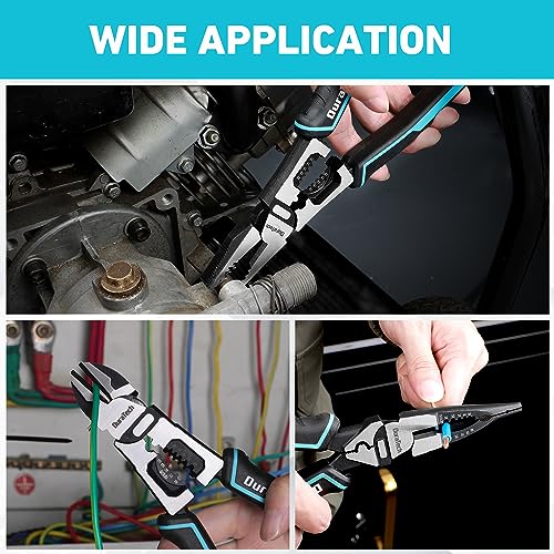 DURATECH 3PCS Pliers Set, Large 6 in 1 Multifunctional Wire Stripper Crimper Cutter, 8.5" Long Nose Pliers, 8.5" Linesman Pliers, 8" Diagonal Side Cutting