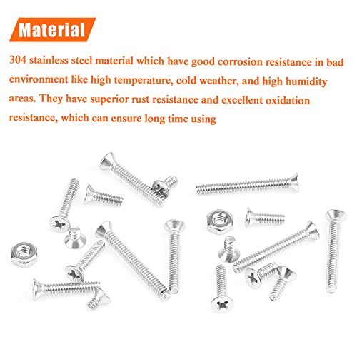 HELIFOUNER 240 Pieces #4-40 Phillips Countersunk Head Machine Screws Nuts Assortment Kit, Coarse Thread, Fully Machine Threaded, 304 Stainless Steel - size: #4-40