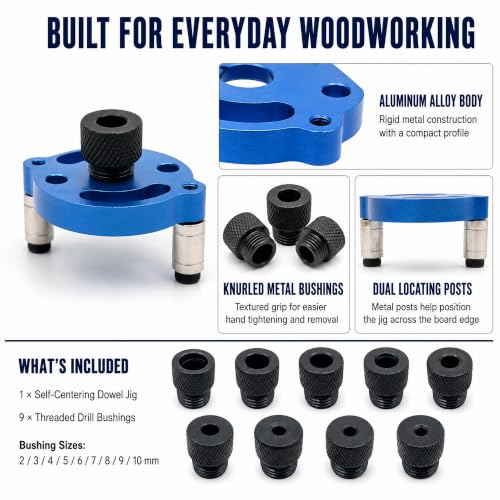 Self Centering Dowel Jig, Self Centering Doweling Jig Kit with 2/3/4/5/6/7/8/9/10mm Drill Bushings, Self Centering Drill Guide for Straight Holes, Dowel Drill Guide, Center Locator for Woodworking