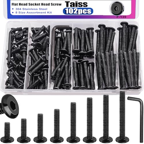 Taiss 102PCS Flat Head Hex Socket Cap Screws M6 Bolts 8 Sizes M6*15/20/25/30/35/40/45/50mm 304 Stainless Steel Furniture Bolts,Full Thread Furniture Screws with Hex Wrench - size: 102PCS M6 Assortment Kit