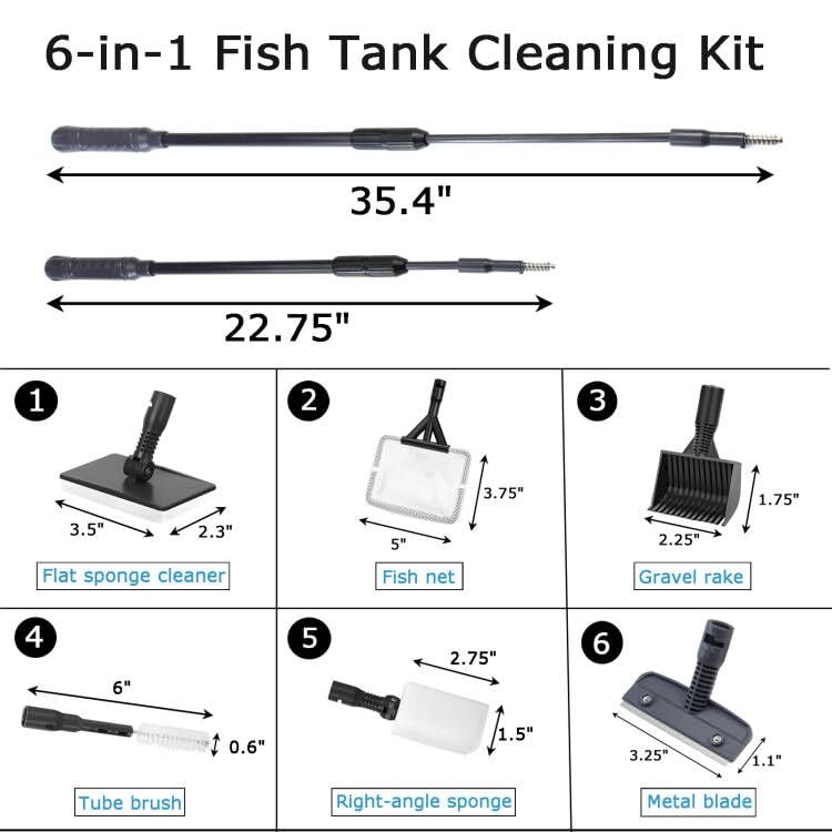 AQUANEAT 6 in 1 Fish Tank Cleaning Tools, Aquarium Cleaner Set with Adjustable Handle, Including Algae Scraper, Sponge Pad, Fish Net, and Brush - size: Large
