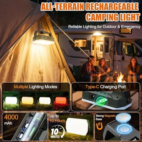 Rechargeable Magnetic Work Light, 1500LM Portable Camping Light with Hook, Magnetic Base and Tripod Mount, 4000mAh USB-C LED Flashlight for Car Repair, Job Site, Camping, Emergency