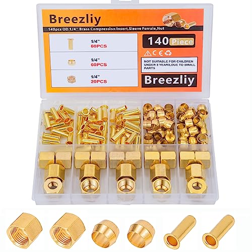 140PCS 1/4 Inch Compression Fittings Assortment kit- 60 Brass Compression Sleeve Ferrule, 60 Brass Insert & 20 Nuts - Used to Connect Lines for air,Water,Fuel,Oil and inert Gases - size: 140 pcs, 1/4"