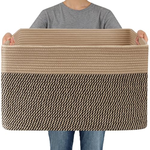 JMvicyroam 96L Large Woven Cotton Rope Blanket Basket, Jute&Black - color: Jute&Black, size: 96L