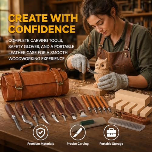 Deluxe Wood Carving Kit, 26Pcs Whittling Tools with 6 Basswood Blocks & Leather Case, High-Carbon Steel Knives, Safety Gloves, Woodworking Set for Beginners Adults DIY Craft Gifts